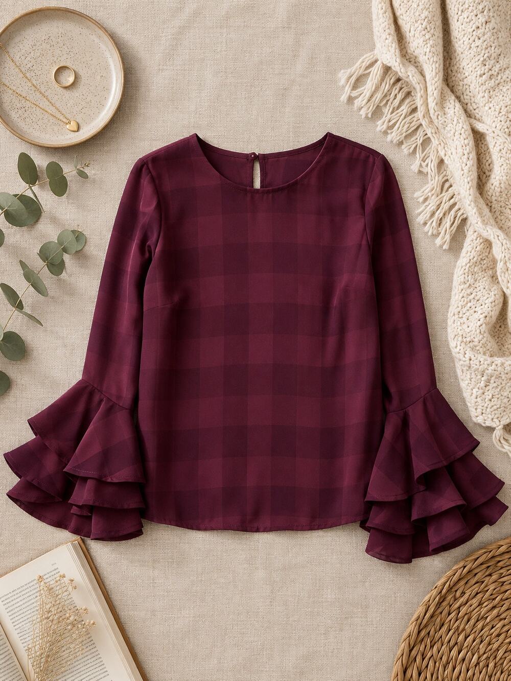NSR Burgundy Plaid Ruffle Bell Sleeve Blouse Top Dark Academia Romantic SZ M